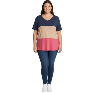 Blue Pink Tan Horizontal Block Stripe Plus 2X Lady Woman Short Sleeve Shirt Top